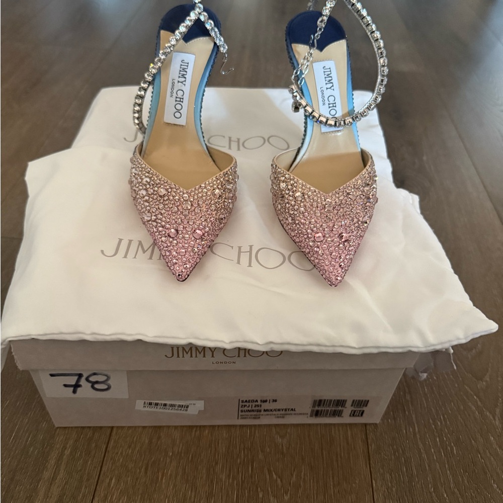 Jimmy Choo Saeda 100 Satin Sunrise Mix Crystal Embellished Pumps| Size 36 | NEW - Picture 4 of 6